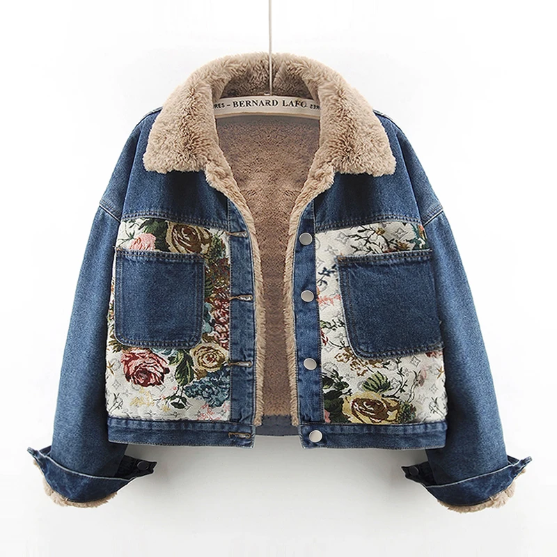 

Winter Jacquard Splice Velvet Liner Denim Jacket Women Big Pocket Cowboy Outerwear Thick Warm Loose Short Jeans Jackets Female