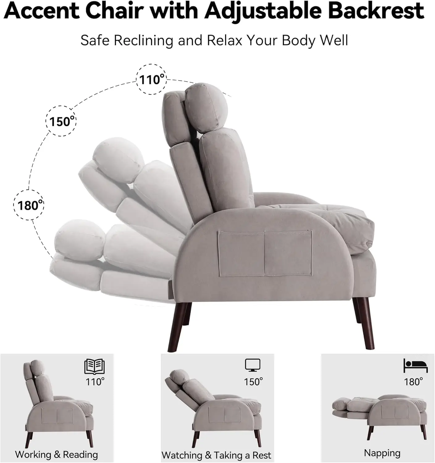 Accent Chair w/Ottoman, Reading Lounge Chair &  Ottoman Set Storage with Adjustable Backrest, Armchair w/ Ottoman Side Pocket