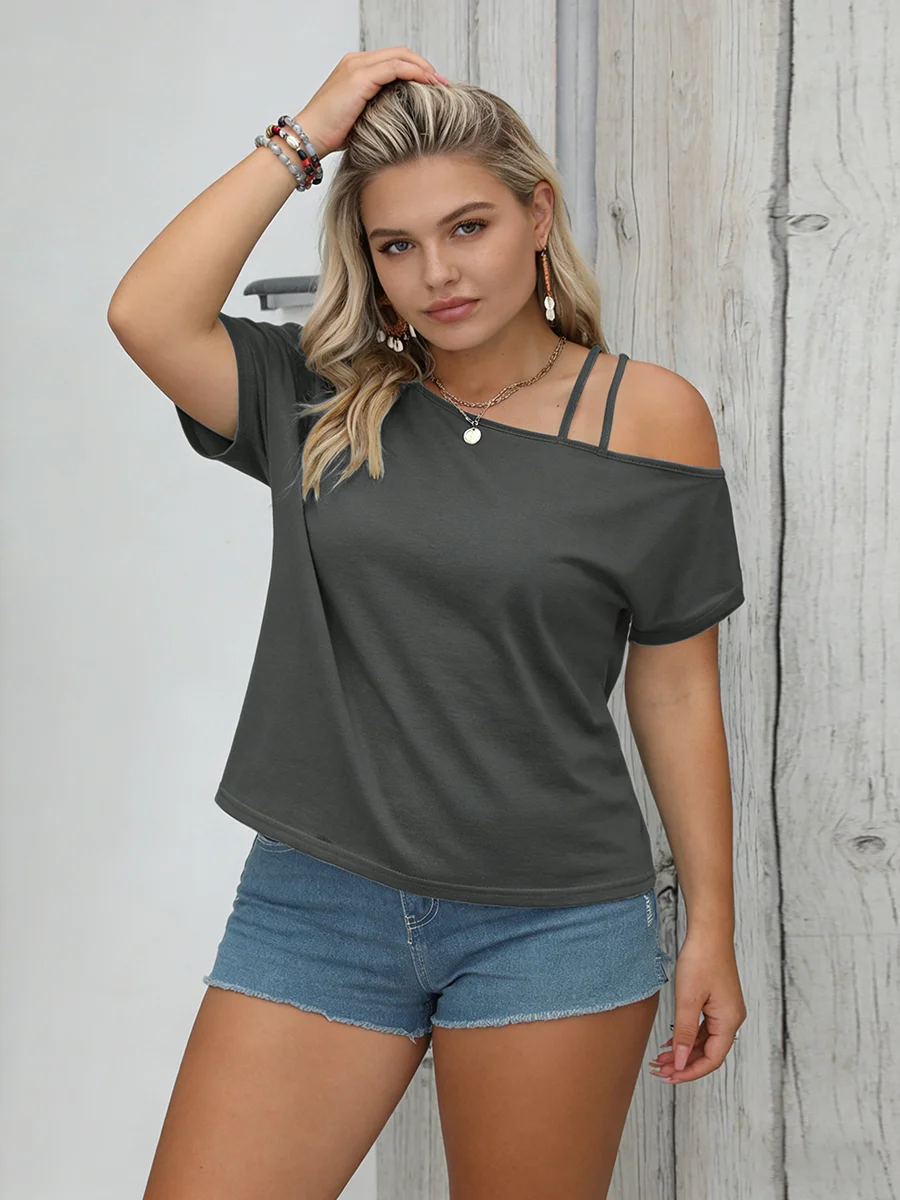 

Женская футболка больших размеров с открытыми плечами, коротким рукавом, однотонная, свободного кроя, повседневная, весна-лето, шикарная, мягкая, на каждый день