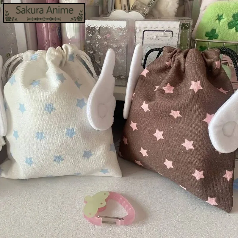 Trekkoord Vleugels Ster Afdrukken Geplooide Tassen Met Top-Handvat Alle Match Y2k Esthetische Vrouwen Portemonnees Vintage Trendy Casual Mini Handtassen