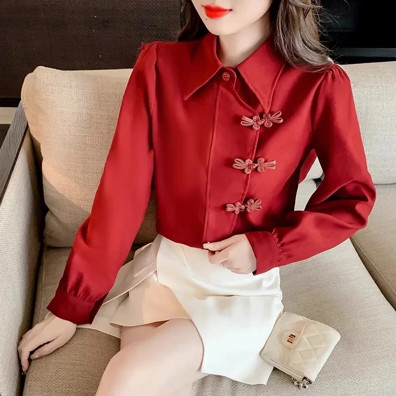 Red Chinese Sle Retro Button irt Women's Autumn Winter New Sle Elegance Blouse Trendy National Sle Top Women