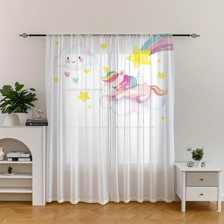 2PCS Digital Print Sheer Curtain, Unicorn Among Clouds Rainbow Pattern, Magical Fantasy Fairy Tale Princess Girls Room Decor view 5