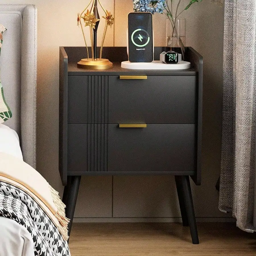 

Black Nightstand Modern Bedside Table With 2 Storage Drawer, Small Night Stand, Wooden Sofa Side Table Bedroom
