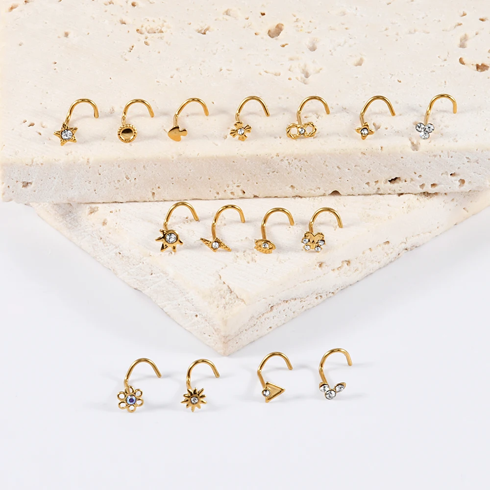 1PC Surgical Steel 18K Gold Plated Twisted Nose Nail Crystal Irregular Nose Bone Screw Ring Nostril Body Piercing Jewelry 20G view 5
