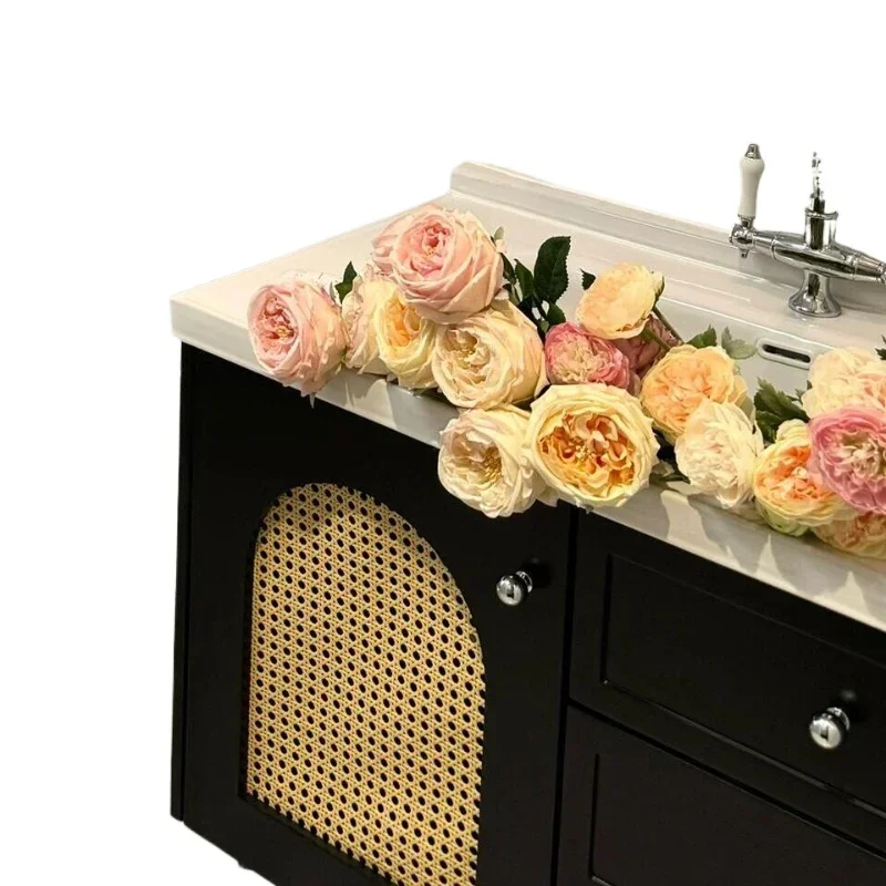 

French rattan bathroom cabinet combination ceramic integrated basin retro oak paint washing table face wash