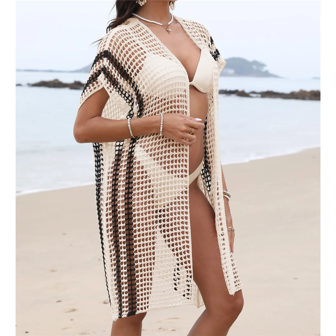 2026 Ausgehöhltes Kurzarm-Häkel-Strick-Tunika Strandkleid Strandkleidung Strandmode Strandüberwurf Damen V6593 – Detail 4