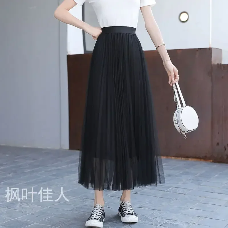 wang sha qun Long Pleated Skirt High-Waisted A- line Skirt Woman Skirts Mujer Faldas Saias Mulher