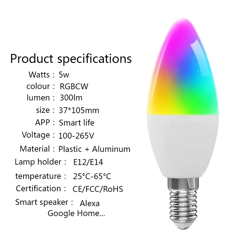 

Smart RGBCW LED Bulb 5W 300LM 16 Million Colors, 2700K-6500K Tunable White, Works with Alexa & Google Home, E12/E14, Tuya App (C