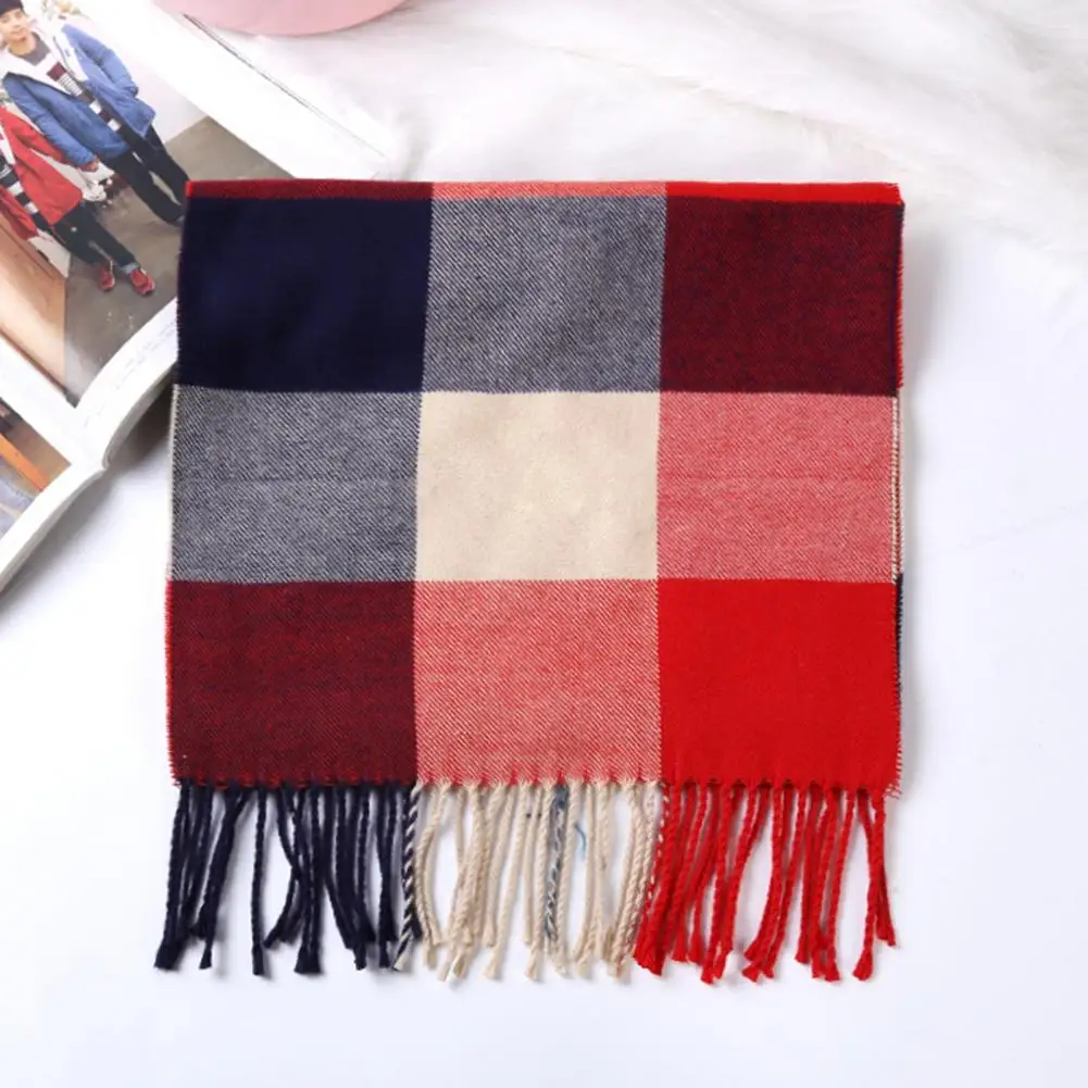 Classic Plaid Pattern Scarf Stylish Plaid Pattern Men's Scarf with Tassel Trim Long Wrap Imitation Cashmere Thermal for Daily