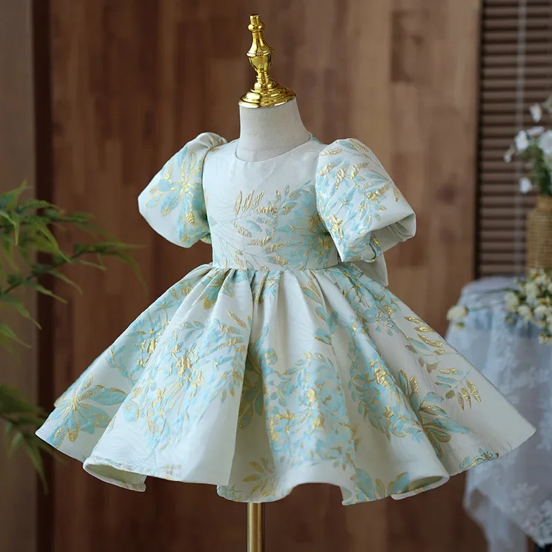 Customized Simple Elegant O-neck Puff Sleeve Flower Girls Dresses Stain Flower Print Pleated Princess Robe 2024 Summer Kid Birth