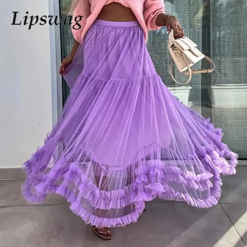 Fashion High Street Versatile Commuter Skirt Chic Mesh Pleated Splicing Sweet Skirt Ladies Solid Color Cake Skirt Party Dress