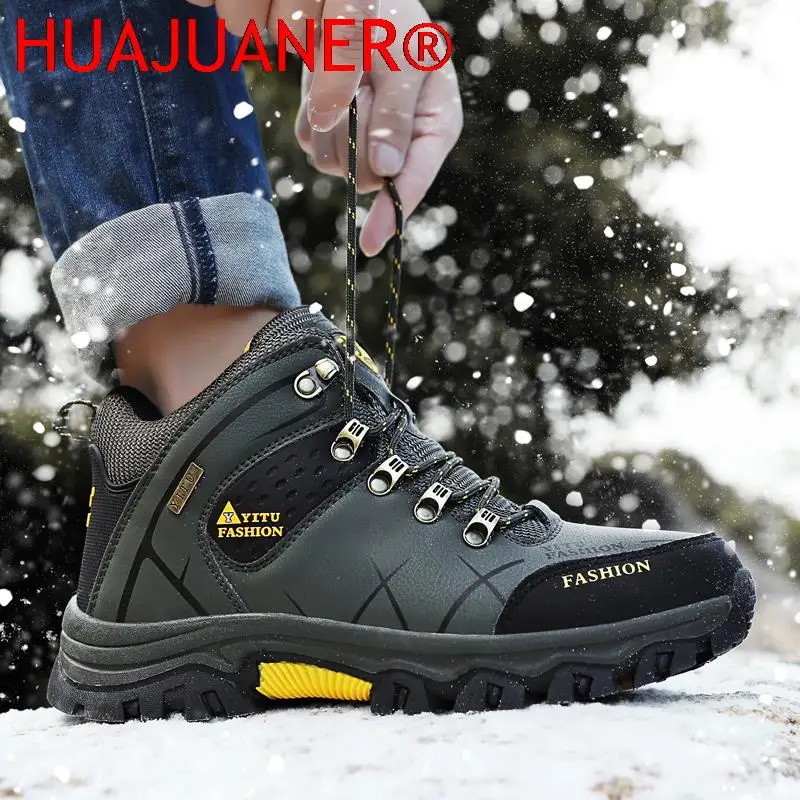 Winter Ankle Boots Leather Men Casual Shoes Outdoor Waterproof Work Rubber Mens Hiking Boots Sneakers Warm Snow Boots