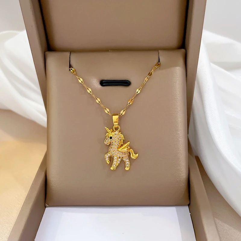 Elegant Women's Accessory Copper-Set Zircon Unicorn Animal Pendant Stainless Steel Necklace Cute Style Fine Jewelry in Stock
