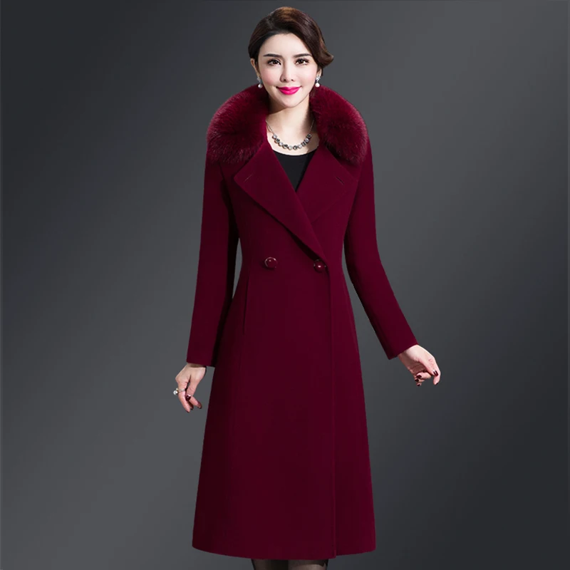 Manteau Couvert avec Col en Fourrure pour Femme, Veste Longue, Vêtement d\'Extérieur Slim, de Haute Qualité, à la Mode, pour Automne et Hiver