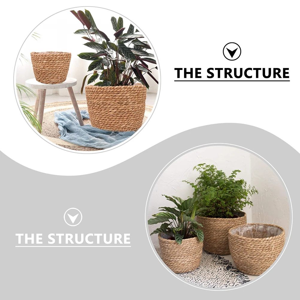 

1pc Straw Woven Flowerpot Indoor Plant Planter With Plastic Liner Natural Handmade Decorative Pot For Home Office Green Plant