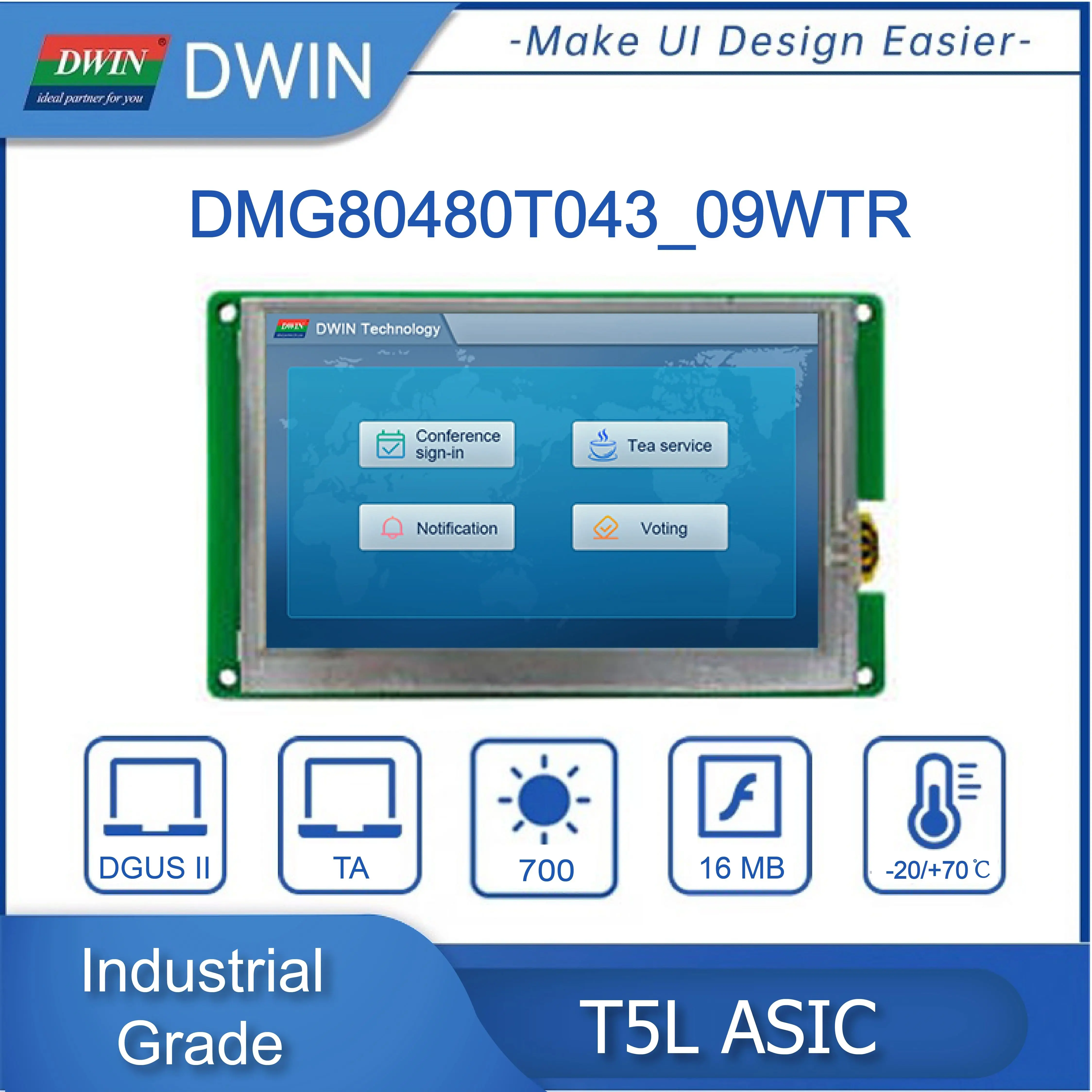 DWIN 4.3 Inch 800x480 TFT LCD Display Module IPS Industrial Grade HMI TTL/RS232 High Brightness Touch Screen DMG80480T043_09W
