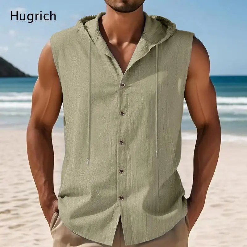Men Crinkle Linen Sleeveless Hooded Shirt Drawstring Button Down Beach Vest Top
