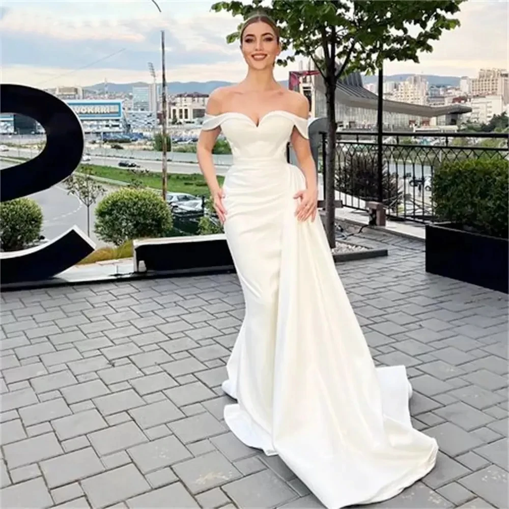 

Sexy Off Shoulder Mermaid Wedding Gowns Elegant Satin Arabic Aso Ebi Boho Bridal Dresses Sweep Train Peplum Vestidos De Novia