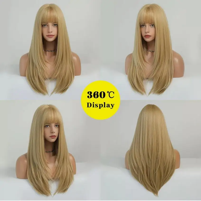 Long Straight Cosplay Party Wig With Fringe Synthetic Hair Blonde