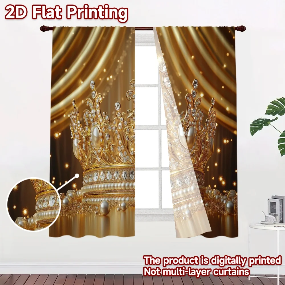 2D flat 2pcs Curtain French Romantic Style Golden Jeweled Crown Digitally printed polyester Festive Wall Decor for All Occasions