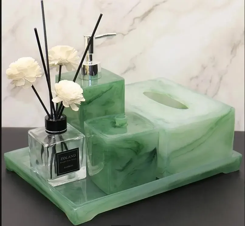 Green Resin Bathroom Set Lotion Bottle Toothbrush Holder Cotton Swab Box Mouthwash Cup Soap Dish Aromatherapy Bottle Tissue Box