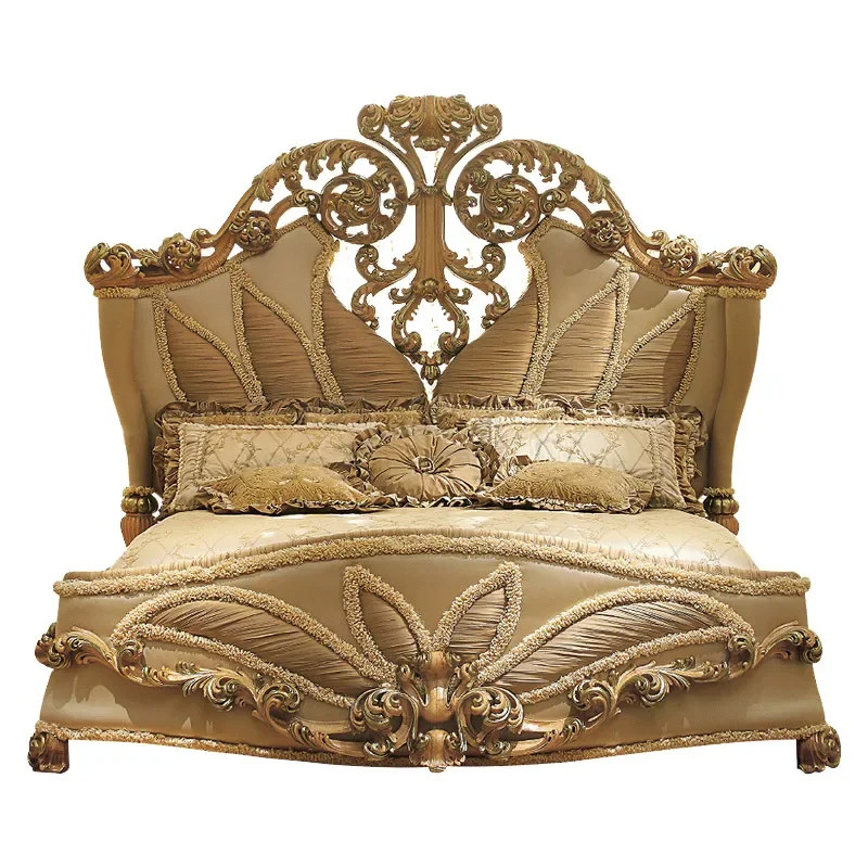 

Luxury Fabric Craft Double Bed Palace Wood Carving Marriage Bed