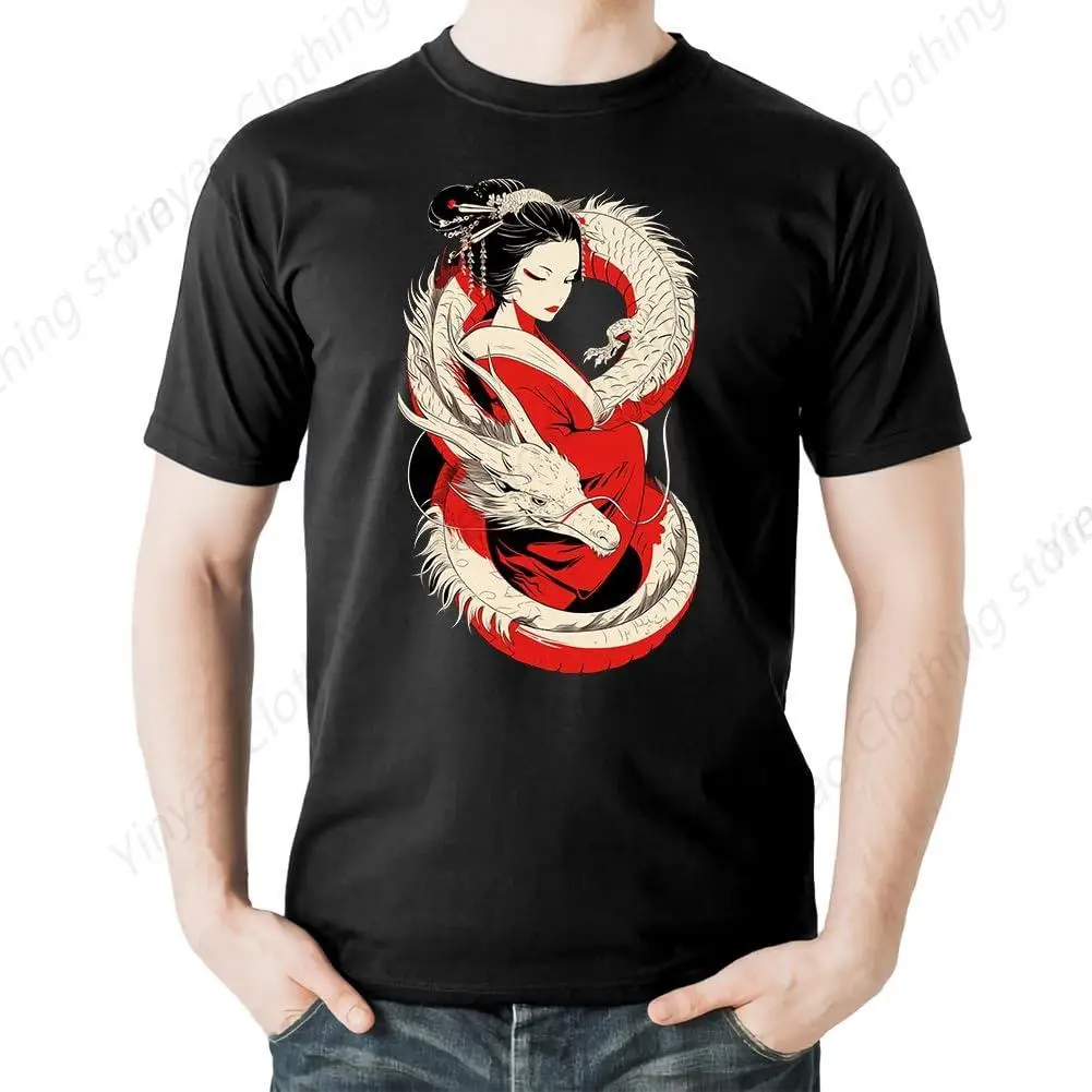 

Men'S Japanese Geisha T-Shirt With Printed Round Neck Short Sleeved Shirt Cool Black Cotton T-Shirt