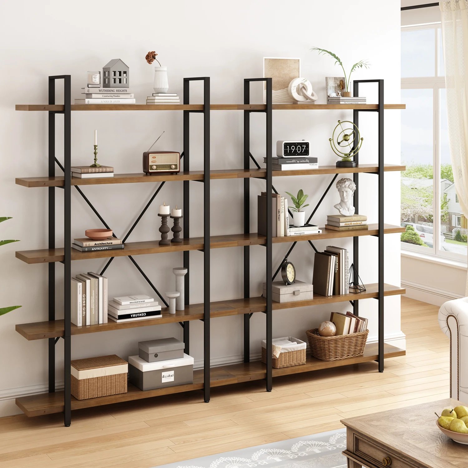 Hot Sales Rustic Large Solid Cedarwood Wooden Shelf Vintage Industrial Modern Style Tall Bookcase Display Shelf