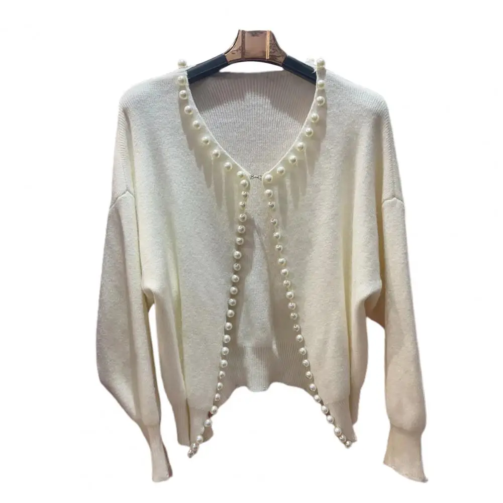 Soft Knit Jacket Elegant Faux Pearls Trim Knitted Cardigan Coat Stylish Open Front Sweater Outerwear Chic Long Sleeve Warm