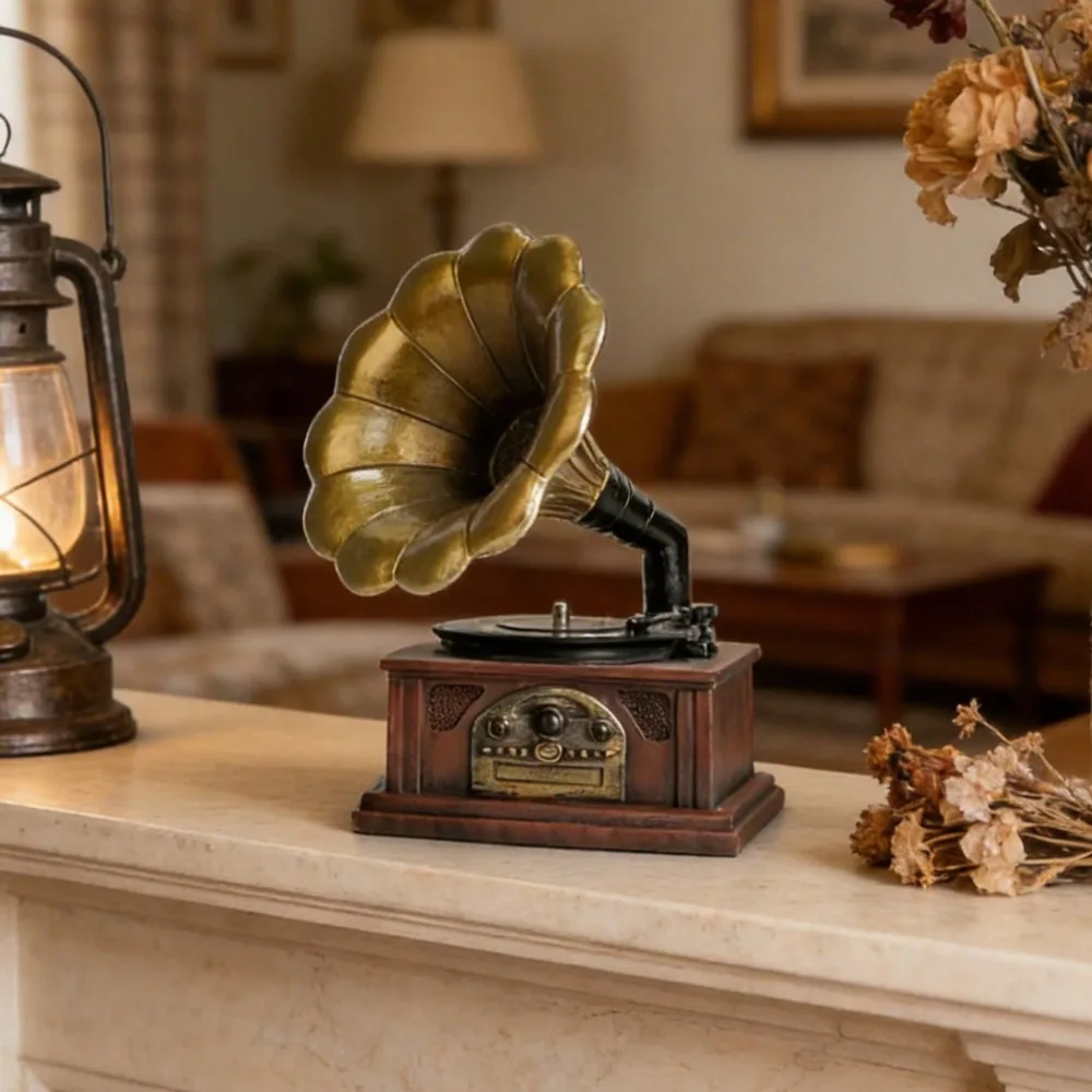 Gramophone Sculpture Statue Decor Retro Phonograph Figurine Ornament Antique Record Player Craft for Home Living Room Office