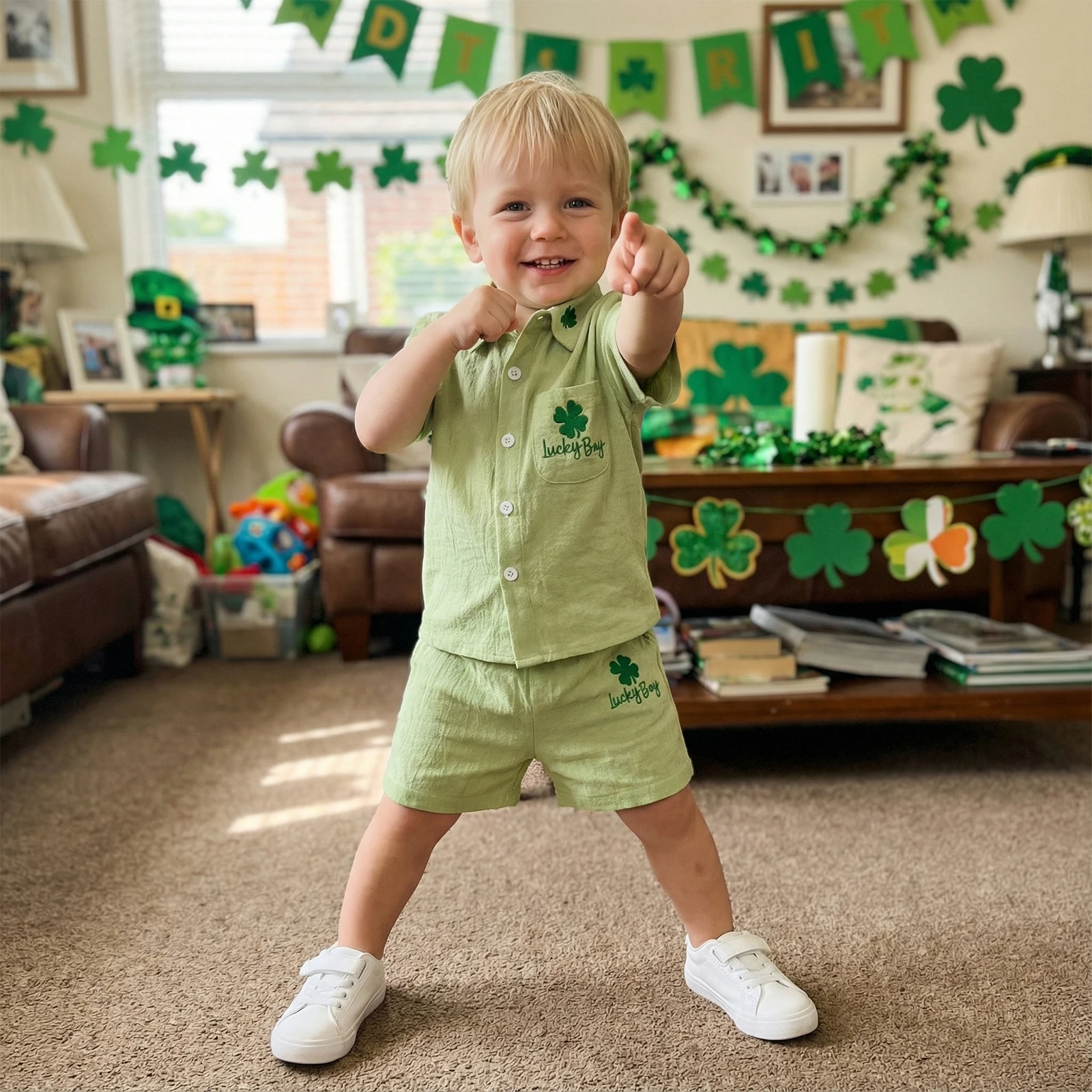 Kids Boys Shorts Set, Embroidery Shamrock Letters Short Sleeve Shirt with Shorts Holiday Summer Outfit