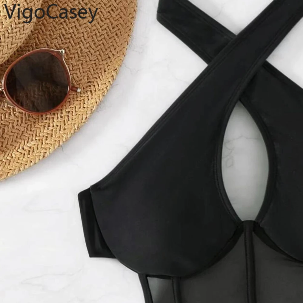 VigoCasey 2024 Solid Cross Halter Swimwear Women Sexy Push Up Hollow One Piece Swimsuit Monokini Backless Beach Bathing Suit