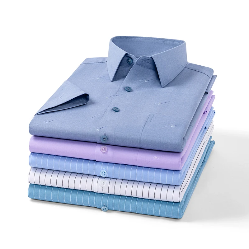 

Elastic thin summer short sleeve shirts for men slim fit formal plain shirt soft striped elegant anti-wrinkle business clothes