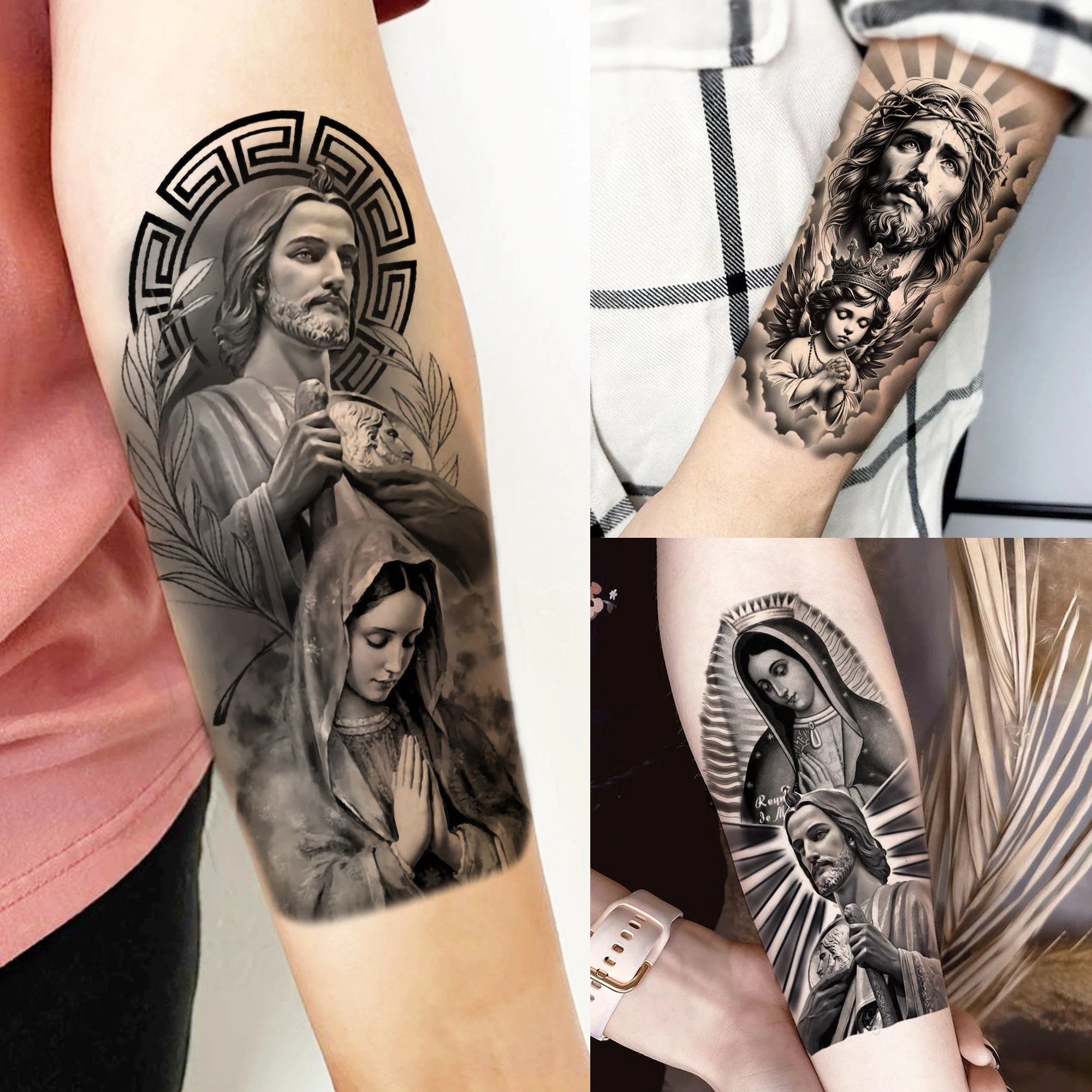 

1 Sheet Waterproof Jesus Virgin Mary Pray Temporary Tattoos For Men Women Realistic Fake Tattoo Sticker Christian Tatoos Decals