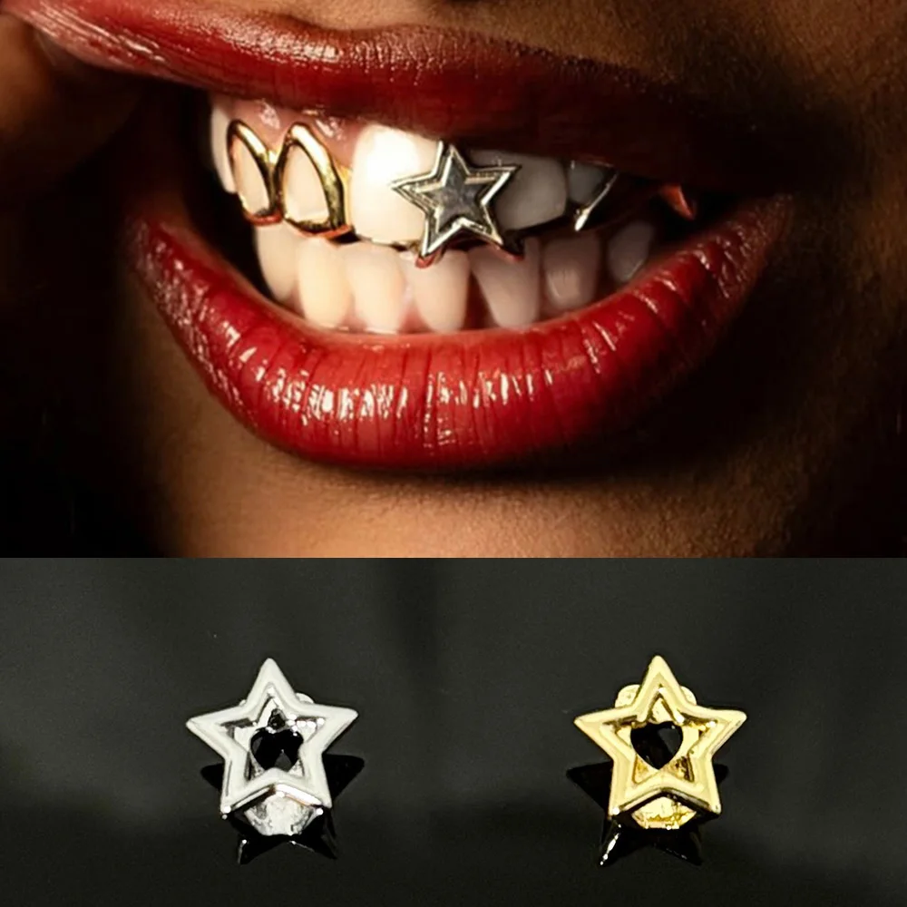 RACHELZ Punk Gold Silver Color Hollow Star Tooth Caps For Women Men Hip Hop Glossy Pentagram Teeth Grills Braces Jewelry