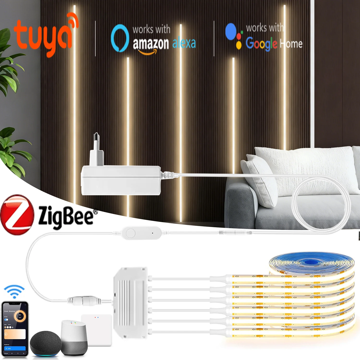 Zigbee Switch Under Storage Cabinet COB LED Strip Light Tuya Alexa Dimmable Bookcase Wardrobe Closet Wall Lamp Smart Wifi Tape
