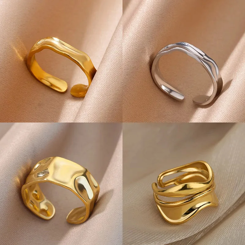 Edelstahl Minimalistische Textur Offene Ringe Für Frauen Gold Farbe Hochzeit Ästhetischen Ring Trendy Koreanischen Stil Zubehör anillo