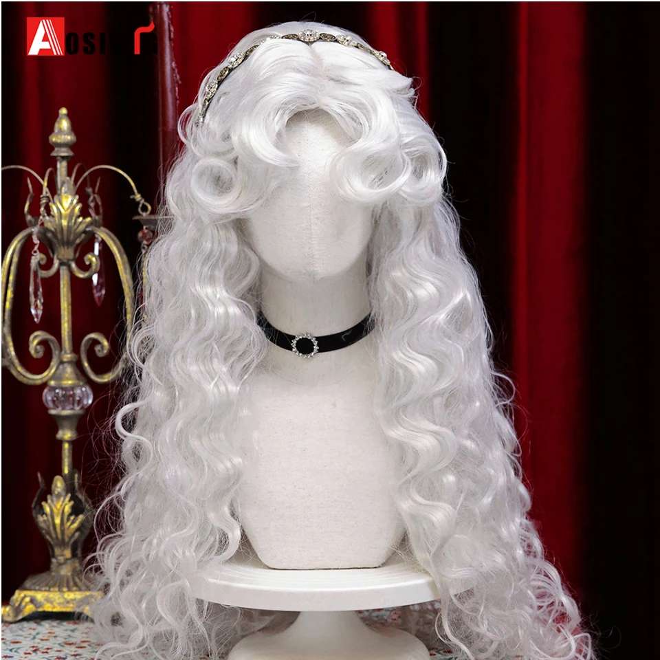 Aosiwig synthetische lange Retro lockige Haar Perücken Lolita lockiges Haar mit Pony für Frauen Halloween Cosplay Perücke