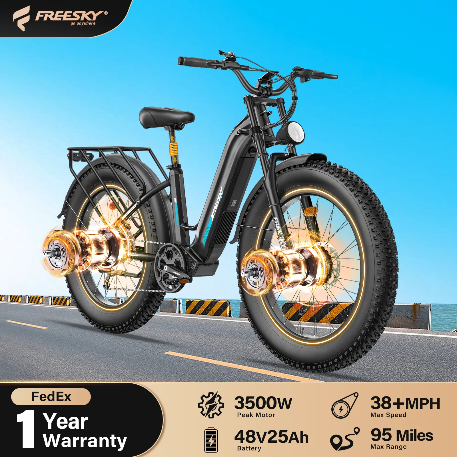 

FREESKY 3500W Peak Dual Motor Electric Bike for Adults, 38MPH,95 Miles 48V 25Ah Removable Battery,All-Terrain Electric Bicycle