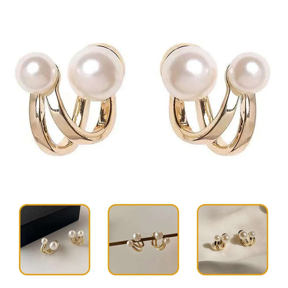 Pearl Earrings Big for Teen Girls Clip on Women Snap Cuff Alloy Cuffs Non Piercing Pecan