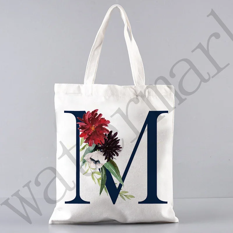 Flower Letter Initial Name Pattern Printed Women tote Shopping Bag Casual Large Canvas Shoulder Bag  Bridesmaid Wedding Gift