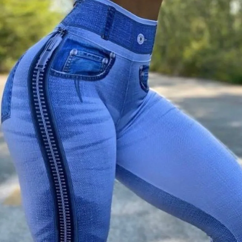 New Women High-Stretch Denim Prints Fashion High Waist 3D Zipper Printing Leggings Comfortable Daily Wear for Yoga Active