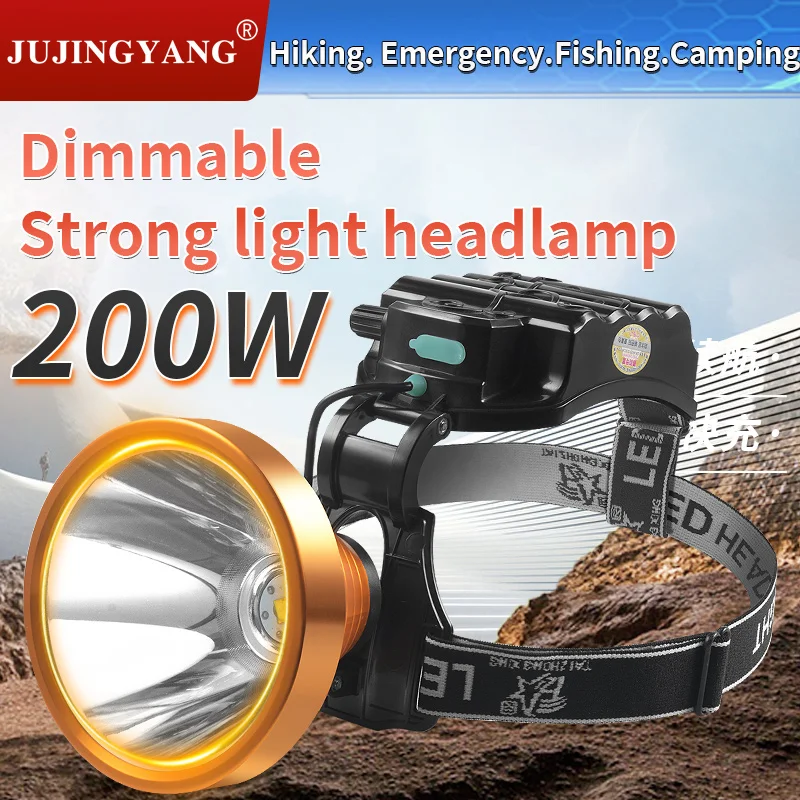 200W Strong Light LED Headlight Rechargeable Lithium Battery Super Bright Fishing Light Outdoor Head-Mounted Prospecting Light