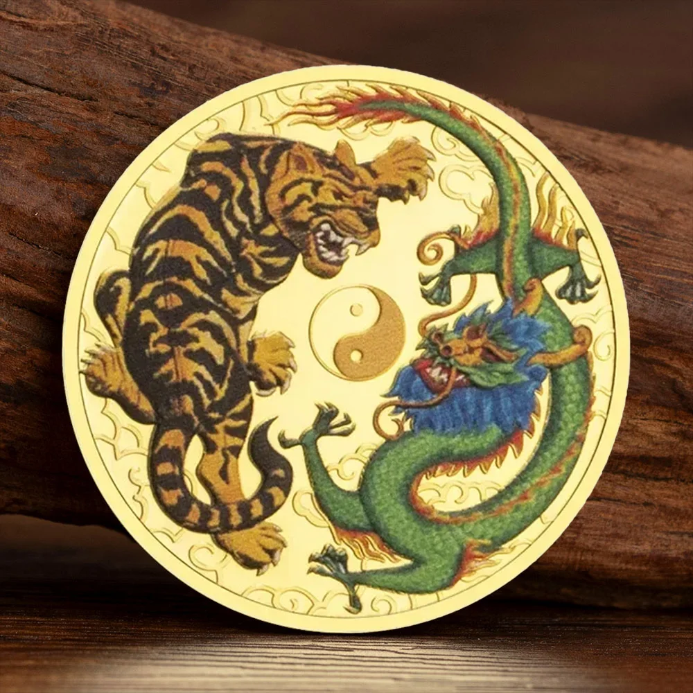 Dragon Fights Tiger Pattern Gold Plated Commemorative Coins Asian Myths Legends Tai Chi Bring You Good Lucky Coin