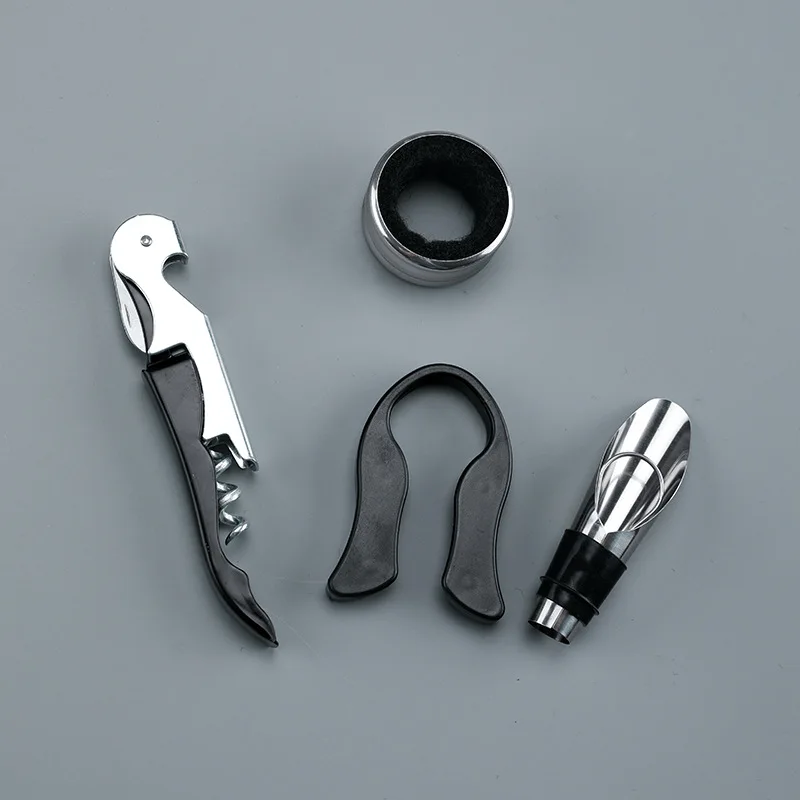 4 PCs/set Wine Accessory Set, Including Bottle Pourer, Waiter's Corkscrew, Drip Collar & Foil Cutter for Red Wine