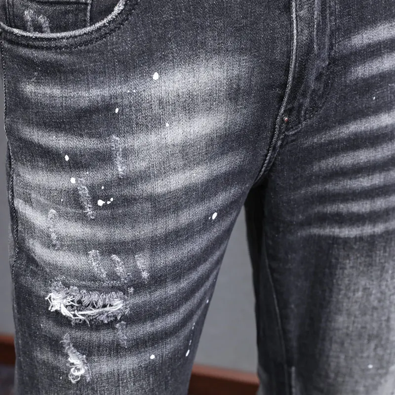 Street Designer Fashion Men Jeans High Quality Retro Black Gray Stretch Slim Fit Ripped Jeans Men Y2K Brand Vintage Denim Pants