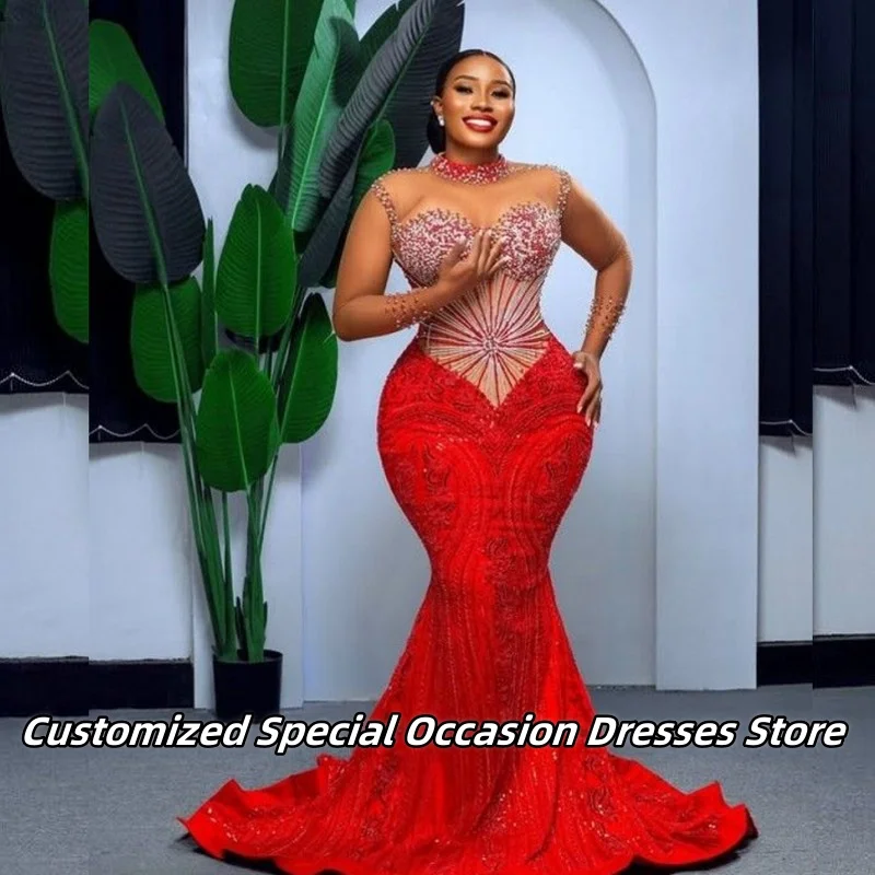 

Exquisite Red Beaded Long Sleeves Evening Dresses See Through Collar African Wedding Party Dress Prom Gowns Luxury Customized