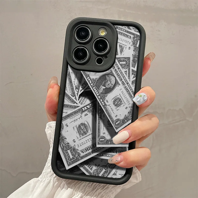 Black dollars Full-Coverage Banknote Design Silicone Case For iPhone 16 15 14 13 12 11 ProMax XSMax XR 7 8 Plus Shockproof Cover