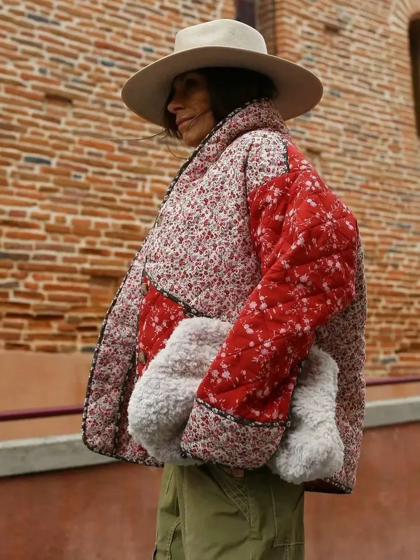 Veste matelassurera en coton imprimé de fleurs pour femmes, vêtements chauds pour femmes, bouton unique, vêtements de travail d'affaires, manteau décontracté pour fille chaude, hiver