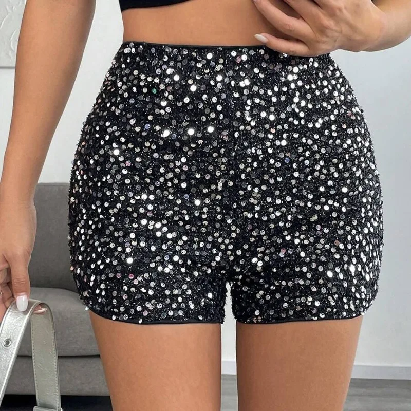 Women Sequins Black Low Rise Shorts Y2K Sexy Skinny Mini Shorts Summer Fashion Party Clubwear Costume Bottoms